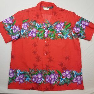 Helena's Red Hawaiian Floral Button Down Shirt S/S